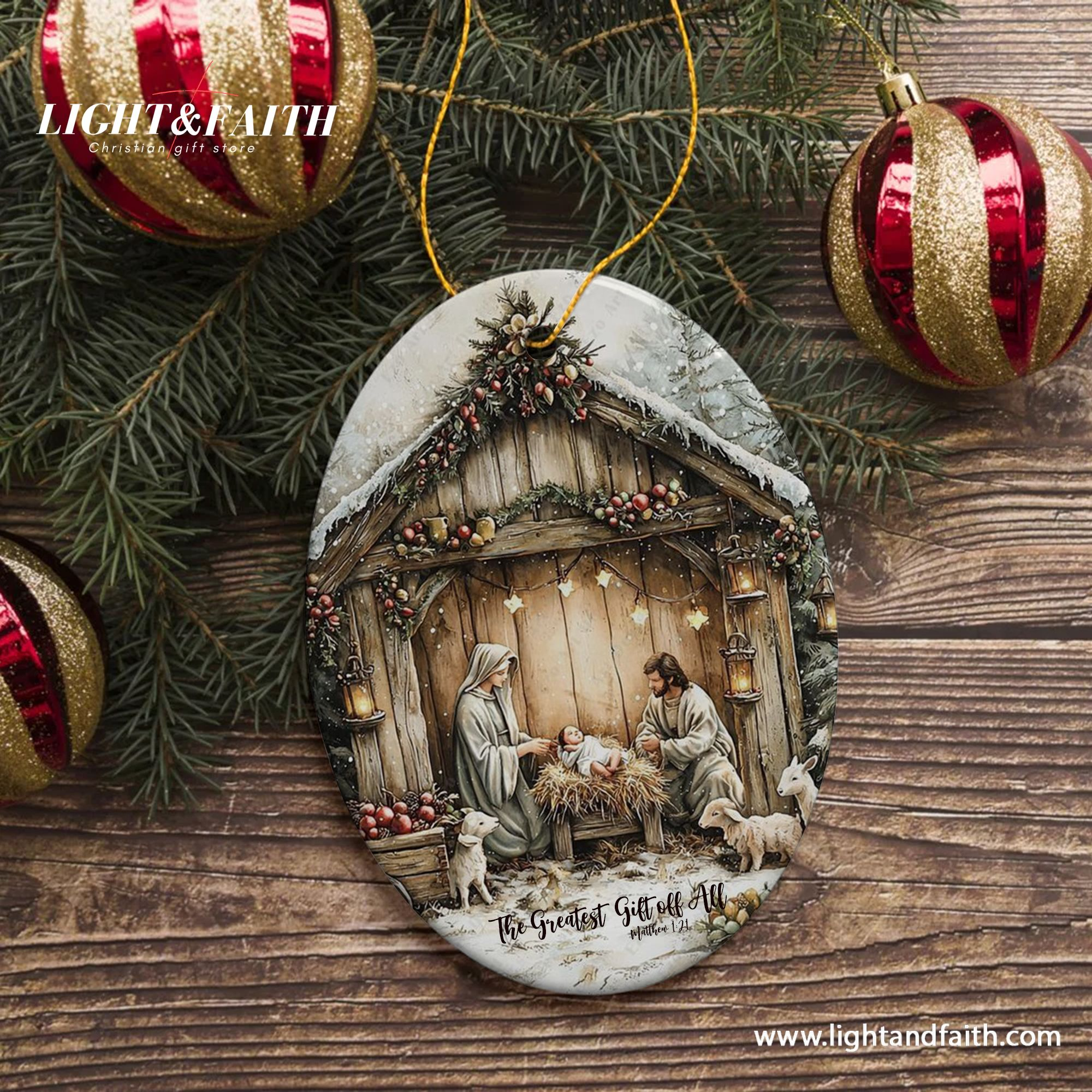 Nativity Scene Christmas Ornament, Holy Family Manger Scene with Baby Jesus, Greatest Gift of All Matthew 1:21, Christian Holiday Decoration DCLAF37